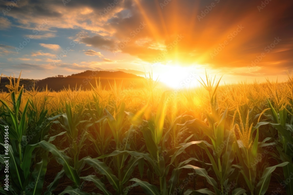 golden sun rays illuminating cornfield rows golden sun rays illuminating cornfield rows