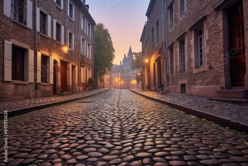 freshly swept cobblestone street at dawn © altitudevisual