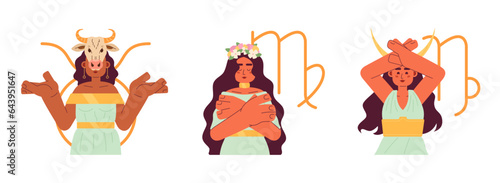 Earth zodiac signs flat concept vector spot illustration set. Taurus, virgo, capricorn. Girls horoscope 2D cartoon characters on white for web UI design. Isolated editable creative hero image pack