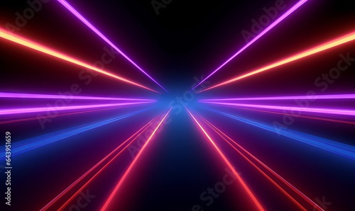 3d rendering. Abstract futuristic neon background. Red blue lines, glowing in the dark. Ultraviolet spectrum. Cyber space. Minimalist wallpaper, Generative AI
