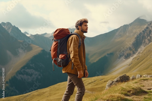 Man with packpack walking in mountains in summer time