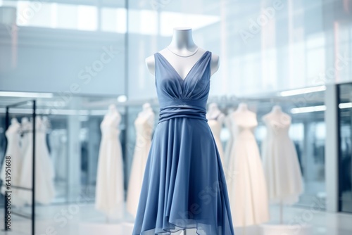 Elegant blue dress on mannequin showcasing modern fashion trends in boutique setting, generative ai. photo