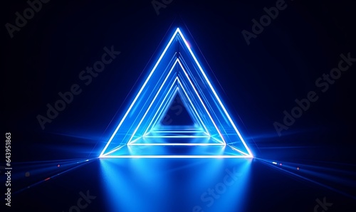 3d animated blue geometric background of spinning glass triangle. Glowing neon lines inside the rotating translucent triangular shape. 3d VJ loop motion, Generative AI