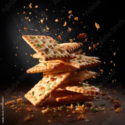 A pile of crackers on the dark background. Generative AI.