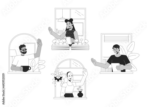 Diverse neighbors greeting bw concept vector spot illustration. Communicative people 2D cartoon flat line monochromatic characters on white for web UI design. Editable isolated outline hero image