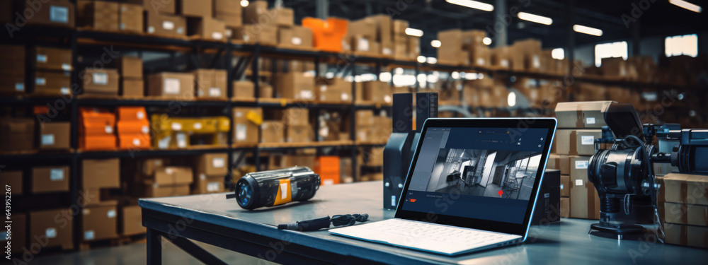 Computer tablet on blurred warehouse background Computer tablet on blurred warehouse background