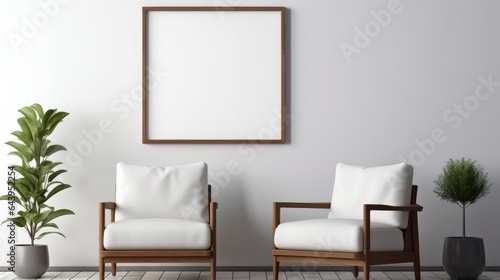 Front view of a modern minimalist scandi living room. White wall with poster template, comfortable armchairs, plants in floor pots. Home decor. Mockup, 3D rendering.