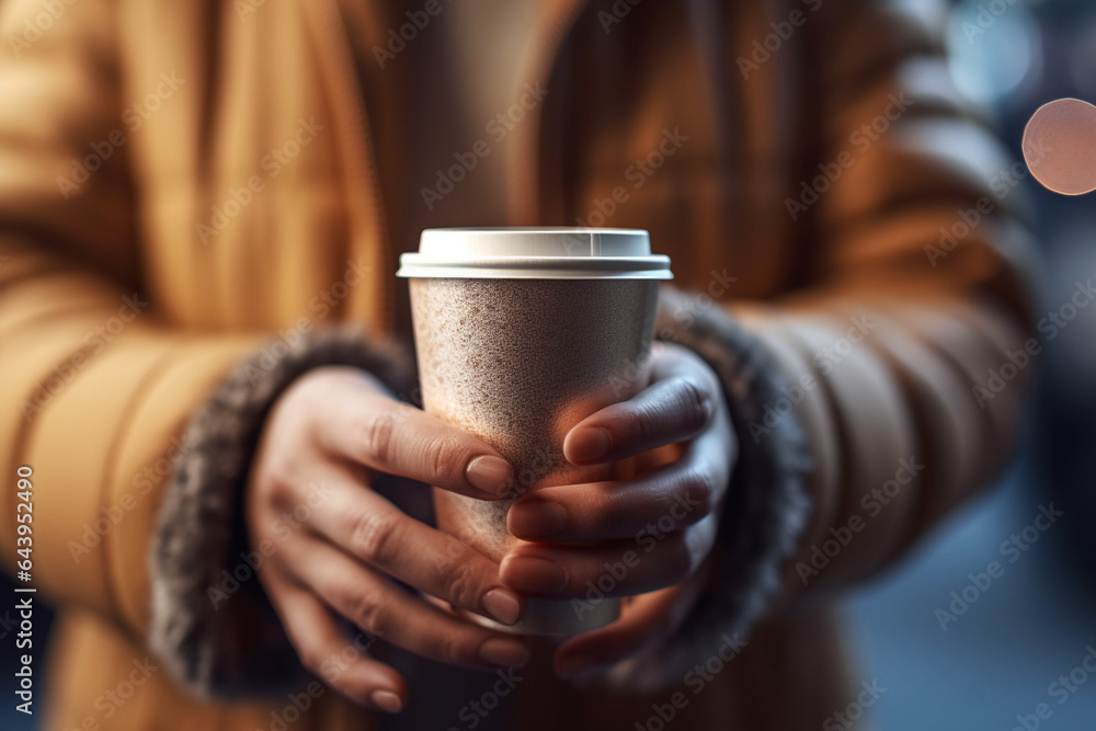 Stylish woman in coat hold in hand paper take away cup of coffee Stylish woman in coat hold in hand paper take away cup of coffee