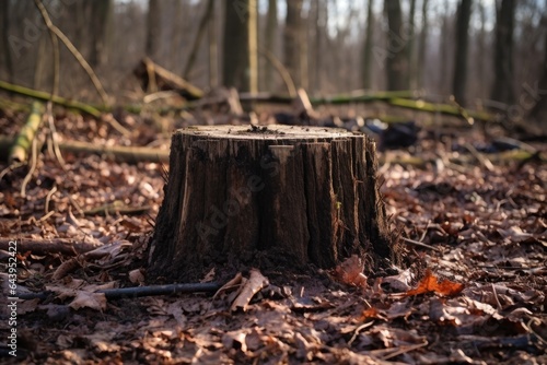 close-up of a tree stump in a deforested zone