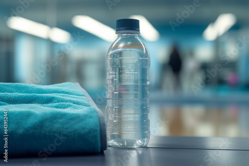 bottle of water and towel on the gym floor