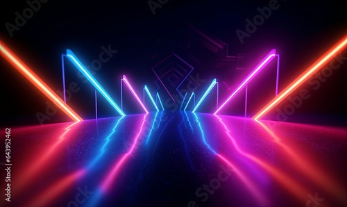 3d render, abstract panoramic red blue pink neon background with arrows showing right direction, glowing in the dark, Generative AI