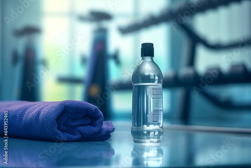 bottle of water and towel on the gym floor