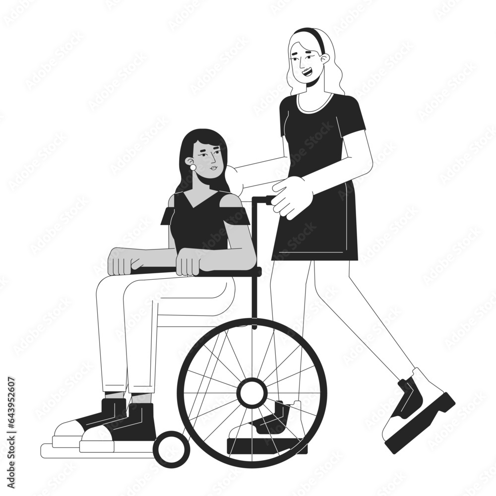 Taking care bw concept vector spot illustration. Woman helping person on wheelchair 2D cartoon flat line monochromatic characters on white for web UI design. Editable isolated outline hero image Taking care bw concept vector spot illustration. Woman helping person on wheelchair 2D cartoon flat line monochromatic characters on white for web UI design. Editable isolated outline hero image