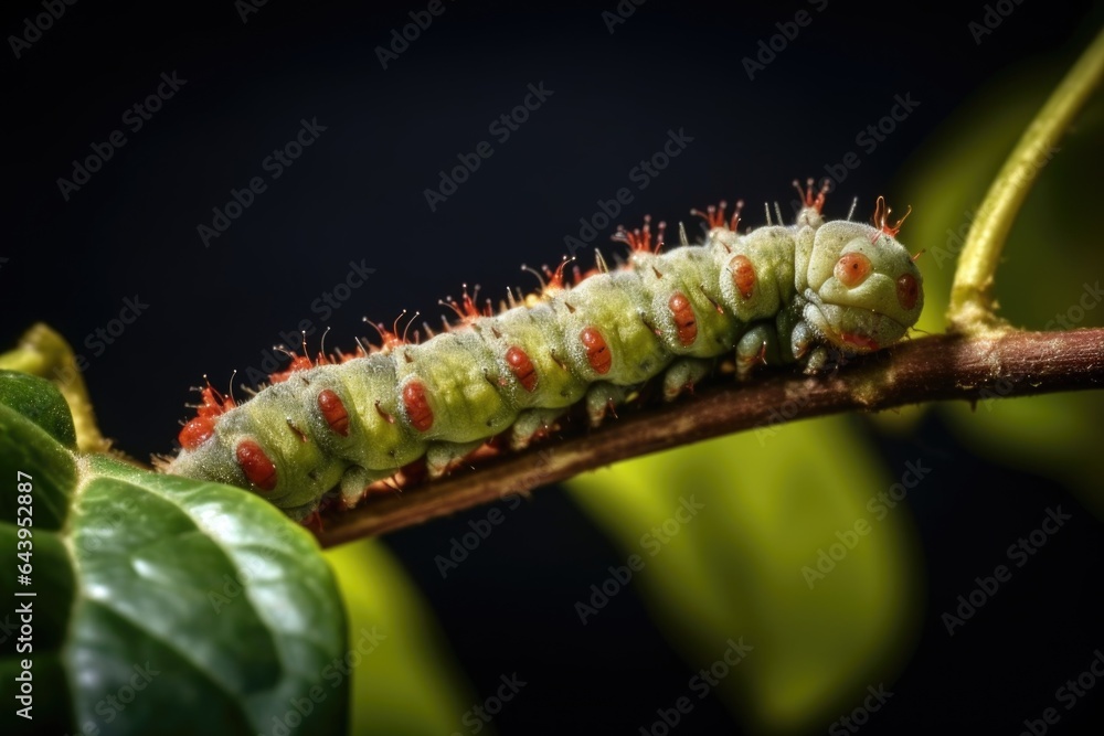 Naklejka premium close-up of caterpillar eating a leaf on a branch