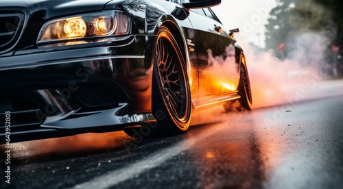 car driving on the road, close-up of a sports car doing burnout on the street, car doing burnout, close-up of car © Gegham