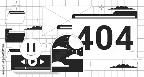 Y2k computer interface black white error 404 flash message. 1990s folders, emoji. Monochrome landing page ui design. Not found cartoon image, dreamy vibes. Vector flat outline illustration concept