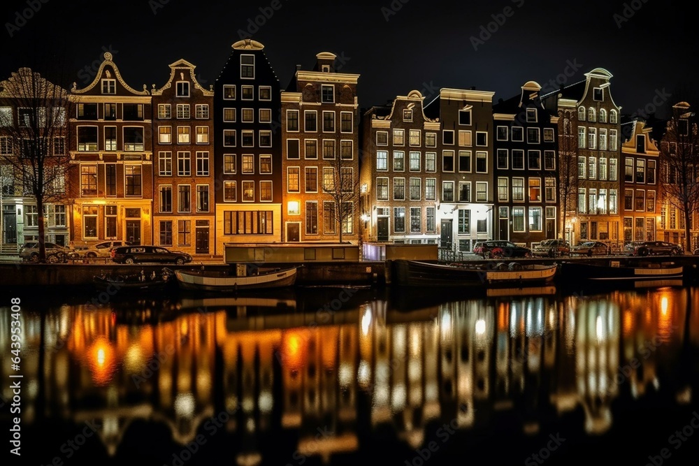 Night view of illuminated buildings and canals in Amsterdam city, Netherlands. Generative AI
