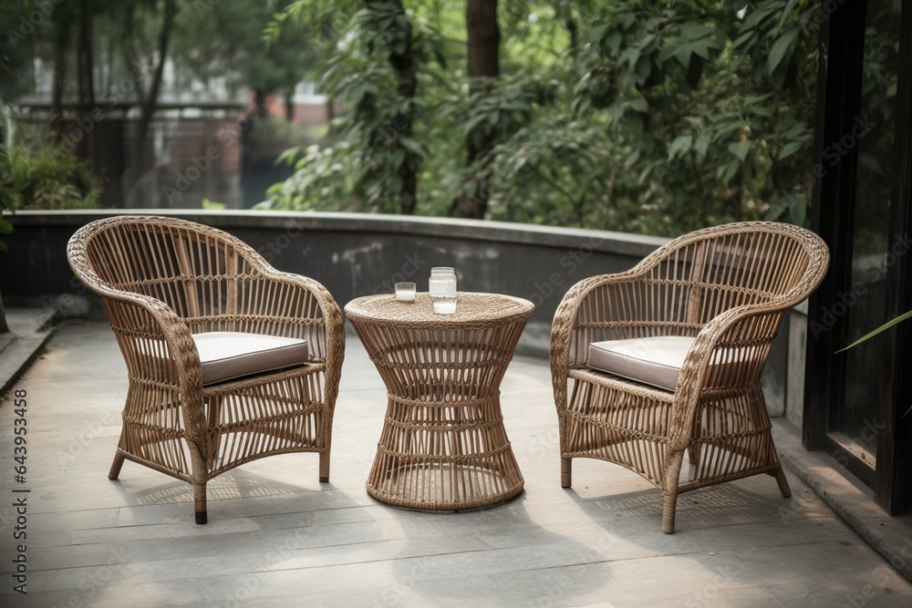 Outdoor patio set with rattan armchairs and table. Generative AI