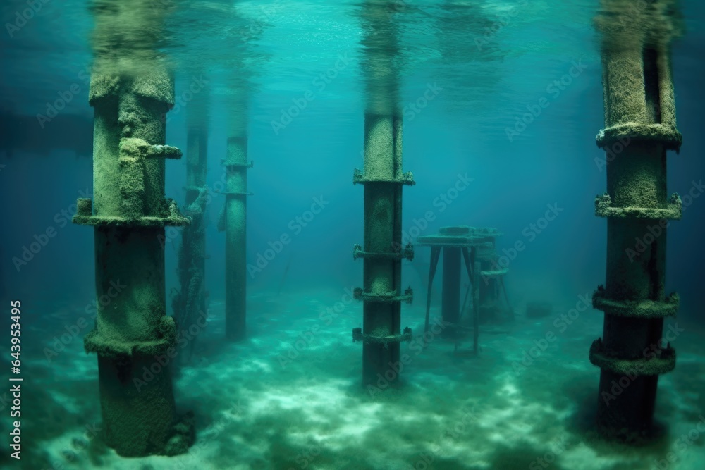 underwater view of oil rig footings and supports underwater view of oil rig footings and supports