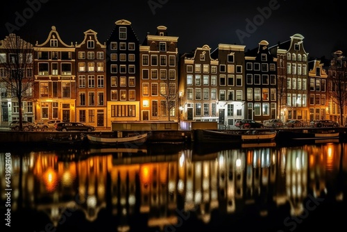 Night view of illuminated buildings and canals in Amsterdam city, Netherlands. Generative AI © David