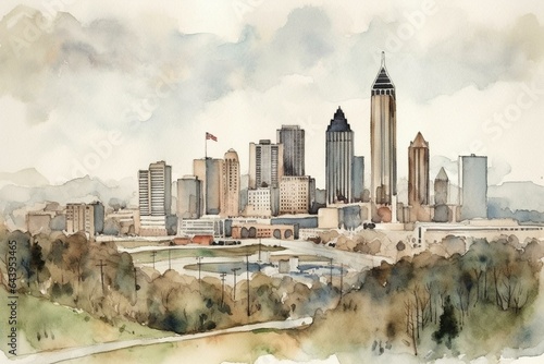 Watercolor art print featuring the Atlanta skyline. Generative AI
