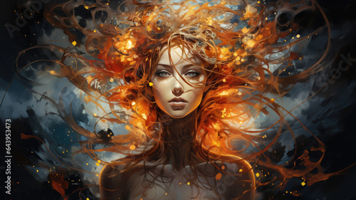 Mystical Disintegration: Manga Girl Merging with Fiery Elements