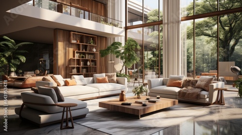Interior of modern eclectic living area in luxury open to below cottage. Stylish cushioned furniture, coffee table, bookcases, dining area, panoramic windows. Contemporary home design. © Georgii