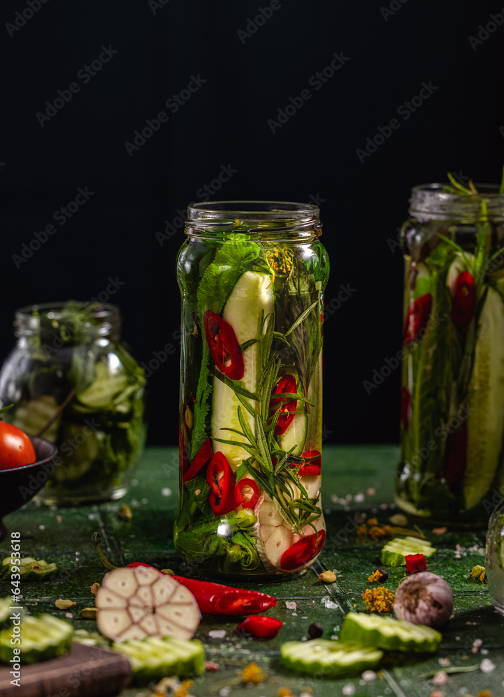 Canned cucumbers with home garden vegetables and herbs. Pickling fresh cucumbers after harvest. Canned cucumbers with home garden vegetables and herbs. Pickling fresh cucumbers after harvest.