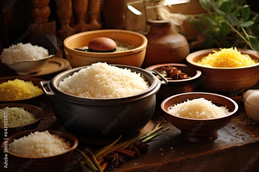 various types of rice in bowls near cooker