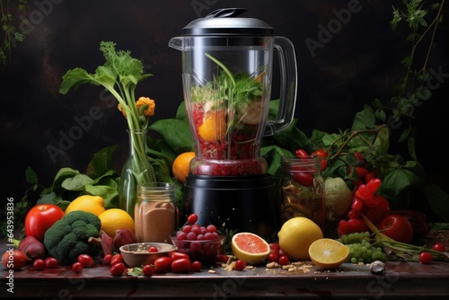 blender filled with fresh fruits and vegetables