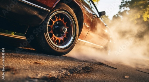 car driving on the road, close-up of a sports car doing burnout on the street, car doing burnout, close-up of car