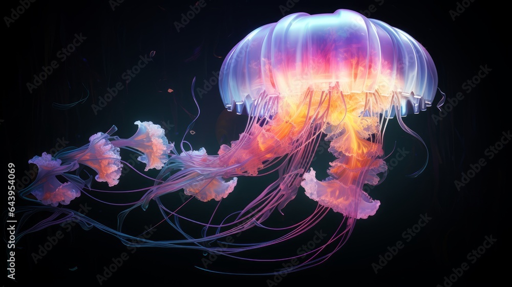 Luminous jellyfish in a dark, underwater abyss