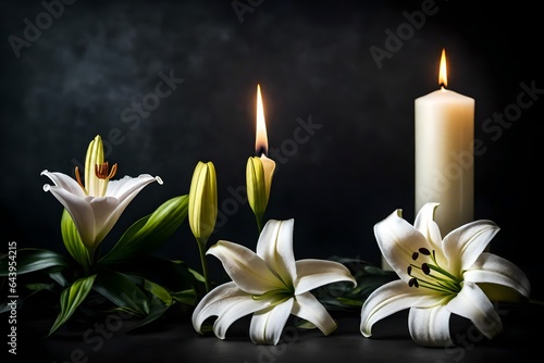 Beautiful lily and a burning candle with room for text on a dark backdrop. white flowers for funerals 