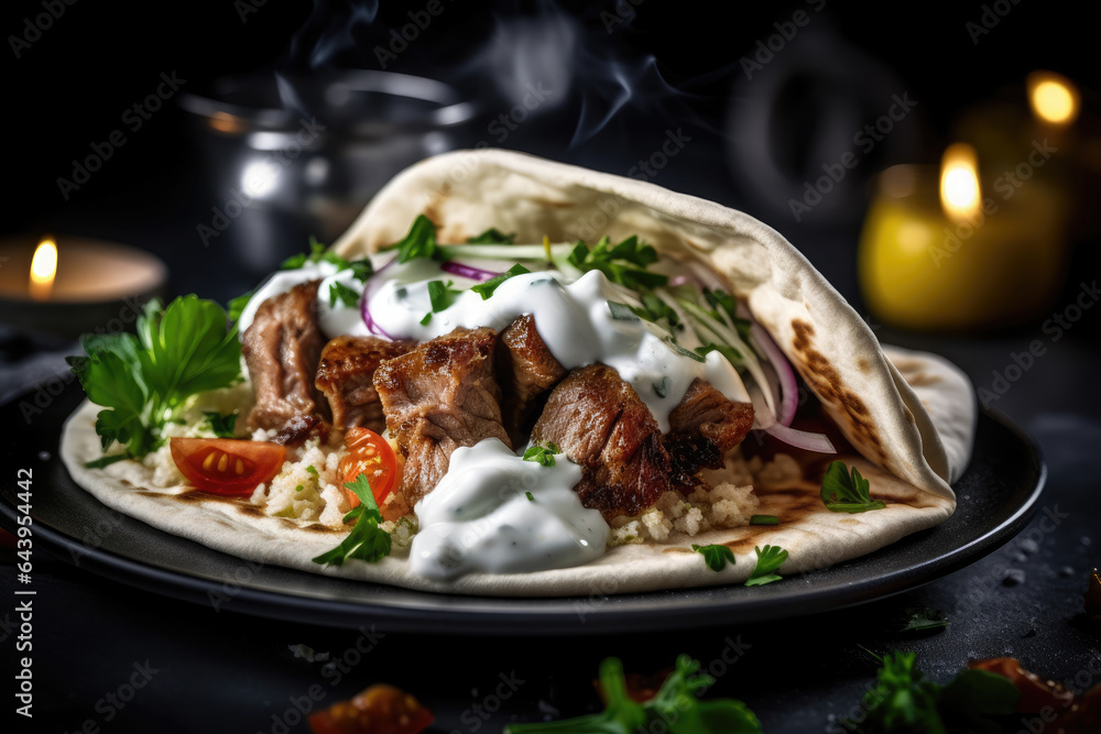 A shawarma with meat and vegetables on it A shawarma with meat and vegetables on it
