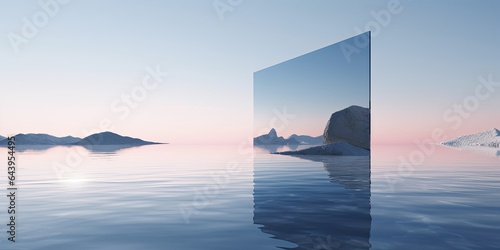 3d rendering, abstract minimalist background, futuristic zen scenery, panoramic seascape wallpaper. Calm water, black rocks seashore, rectangular mirror and pastel blue gradient, Generative AI