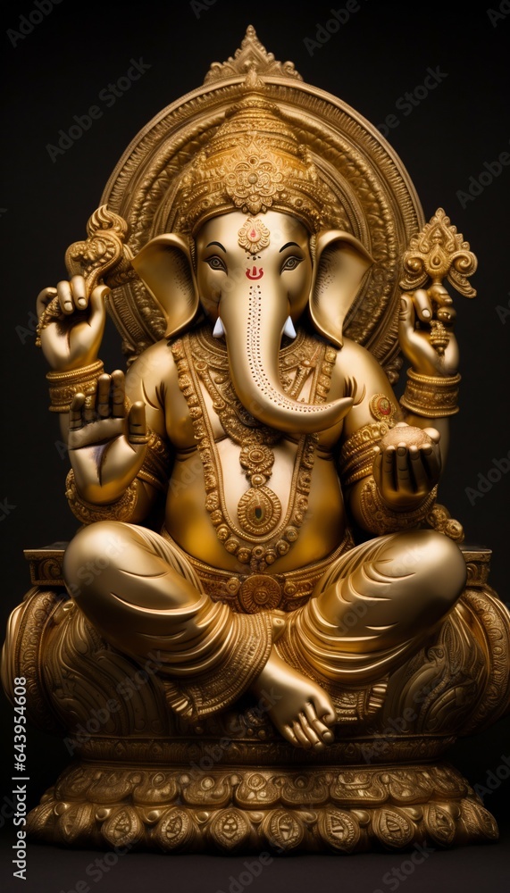 Gold Ganesha in Sitting Pose on Black Background. Generative ai