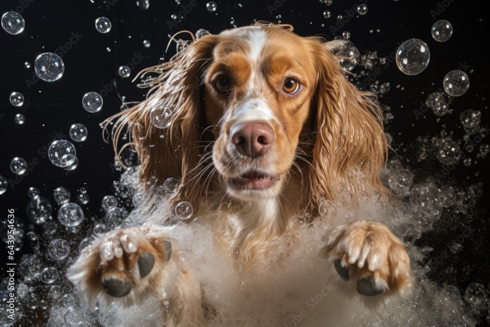 dogs paws in soapy water, bubbles around dogs paws in soapy water, bubbles around