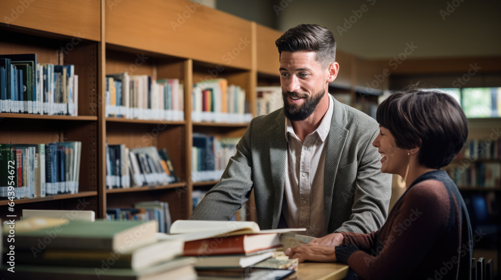 Female University Or College Student In Library Talking With Teacher Female University Or College Student In Library Talking With Teacher