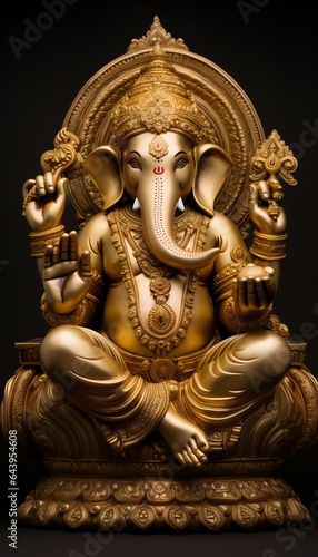Gold Ganesha in Sitting Pose on Black Background. Generative ai
