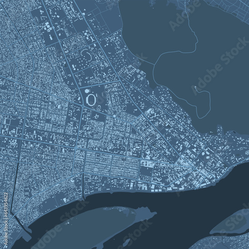 Detailed blue vector map poster of Bangui city, Central African Republic, linear print map. Skyline urban panorama. Decorative graphic tourist map of Bangui territory.