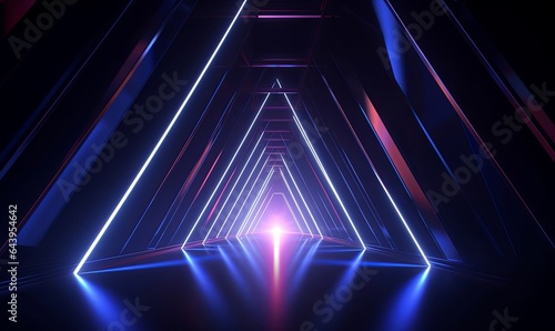 3d render, abstract geometric neon background with glowing triangular frame. Laser linear shape at the end of dark tunnel, Generative AI