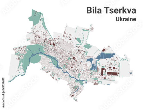 Bila Tserkva map, oblast center city in Ukraine. Municipal administrative area map with buildings, rivers and roads, parks and railways.