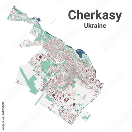 Cherkasy map, oblast center city in Ukraine. Municipal administrative area map with buildings, rivers and roads, parks and railways.