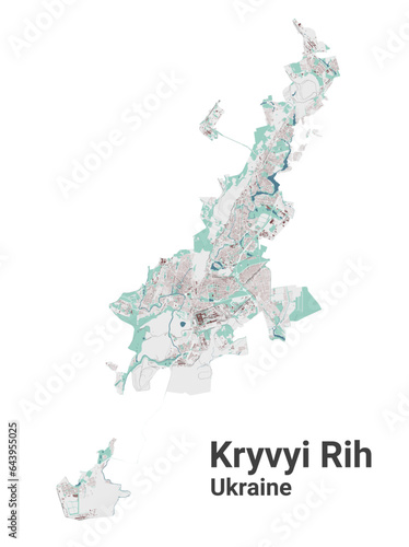 Kryvyi Rih map, oblast center city in Ukraine. Municipal administrative area map with buildings, rivers and roads, parks and railways.