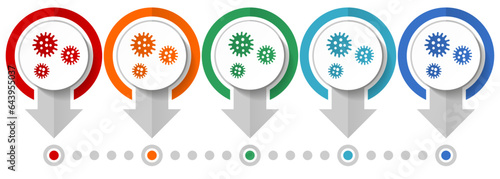 Virus, coronavirus, covid-19, infection vector icon set, flat design infographic template, set pointer concept icons in 5 color options for webdesign and mobile applications