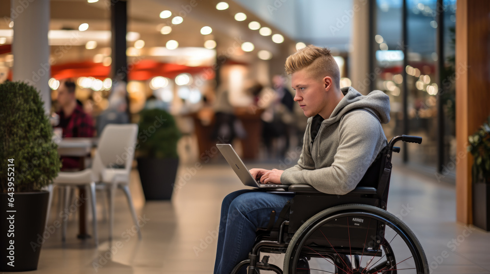 A man in a wheelchair works on a laptop in the background of a shopping center A man in a wheelchair works on a laptop in the background of a shopping center