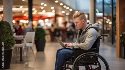 A man in a wheelchair works on a laptop in the background of a shopping center