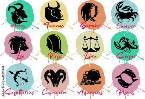 Set of zodiac signs icons. astrological theme set isolated on white background. Cute hand drawn trendy illustration. Vector illustration in cartoon simple style.