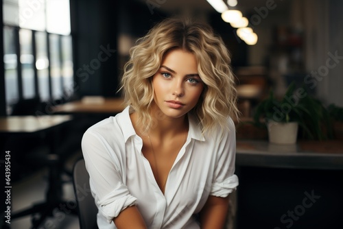 blonde female business woman looking seductive in an office