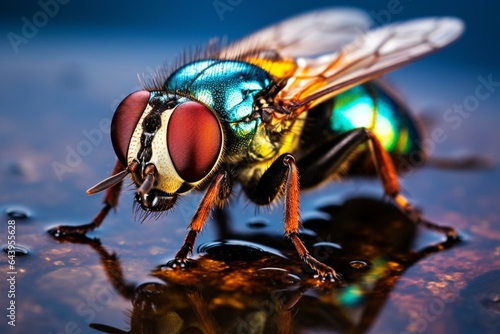 Close-up of colored fly on surface. Generative AI © Kato